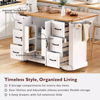 Isola da Cucina Bianca 56" Impiallacciatura in Legno di Gomma, Ribaltina, Presa di Corrente, 4 Ante, Ripiani, 6 Cassetti Profondi, Carrello Rotante