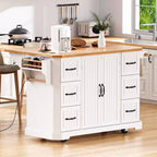 Isola da Cucina Bianca 56" Impiallacciatura in Legno di Gomma, Ribaltina, Presa di Corrente, 4 Ante, Ripiani, 6 Cassetti Profondi, Carrello Rotante