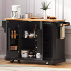 Isola da Cucina Bianca 56" Impiallacciatura in Legno di Gomma, Ribaltina, Presa di Corrente, 4 Ante, Ripiani, 6 Cassetti Profondi, Carrello Rotante