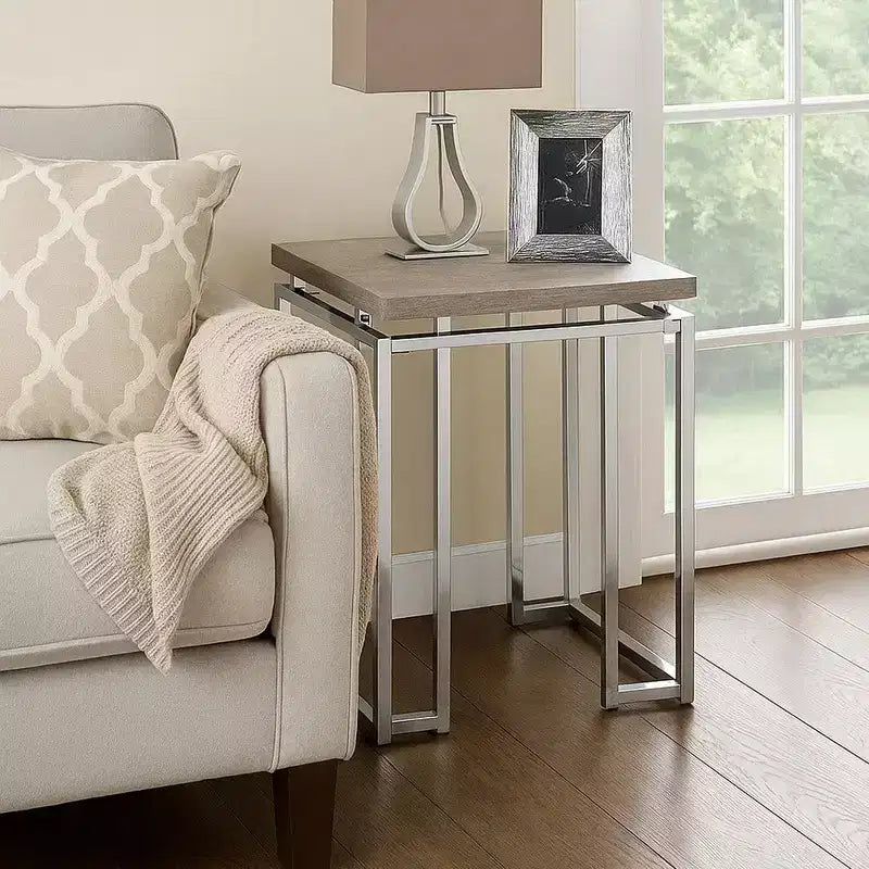 End Table with Rectangular Tabletop and Metal Legs Silver and Brown