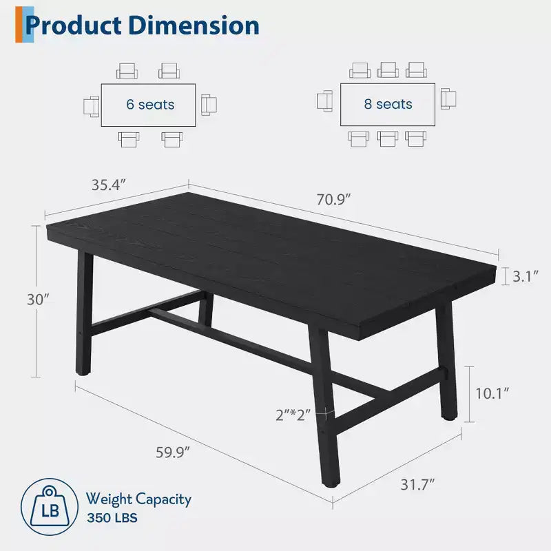 Industrial Dining Table for 6-8 People, 70.87 in Long Wooden Kitchen Table with Sturdy Metal Frame & Rustic Brown Finish (Black, 70.87 in Long)