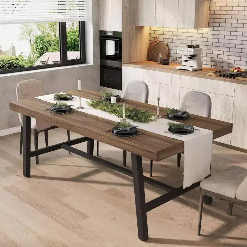 Industrial Dining Table for 6-8 People, 70.87 in Long Wooden Kitchen Table with Sturdy Metal Frame & Rustic Brown Finish (Black, 70.87 in Long)