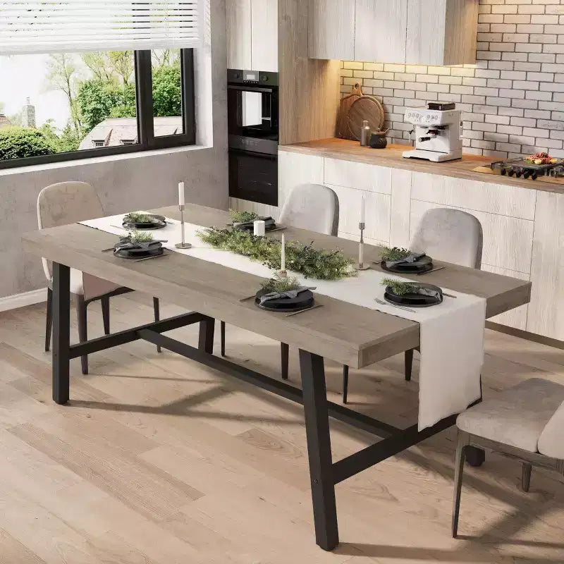 Industrial Dining Table for 6-8 People, 70.87 in Long Wooden Kitchen Table with Sturdy Metal Frame & Rustic Brown Finish (Black, 70.87 in Long)