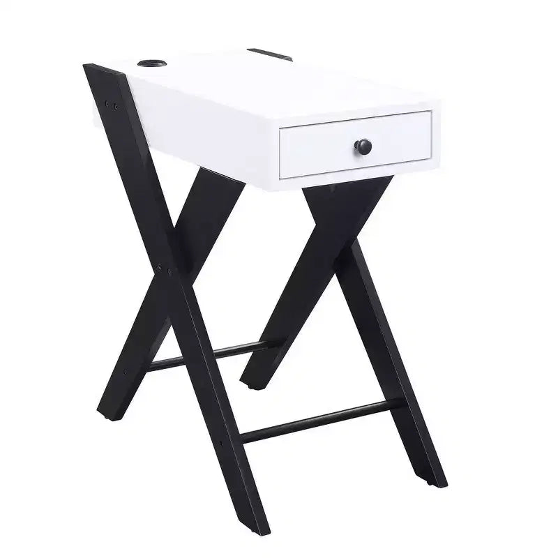 Royal Hampton Frame Side Table with X Shaped Legs and 1 Drawer, White and Black
