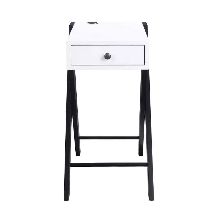 Frame Side Table with X Shaped Legs and 1 Drawer White and Black
