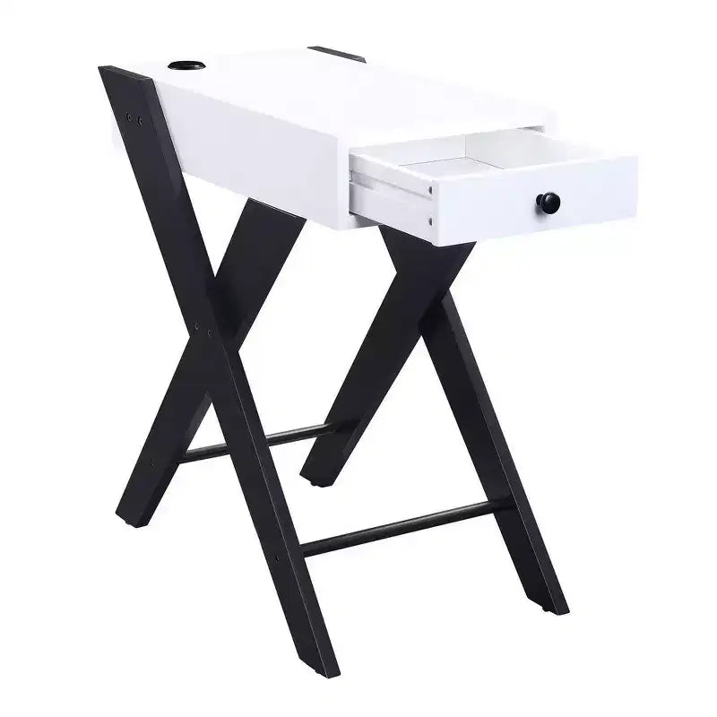 Frame Side Table with X Shaped Legs and 1 Drawer White and Black