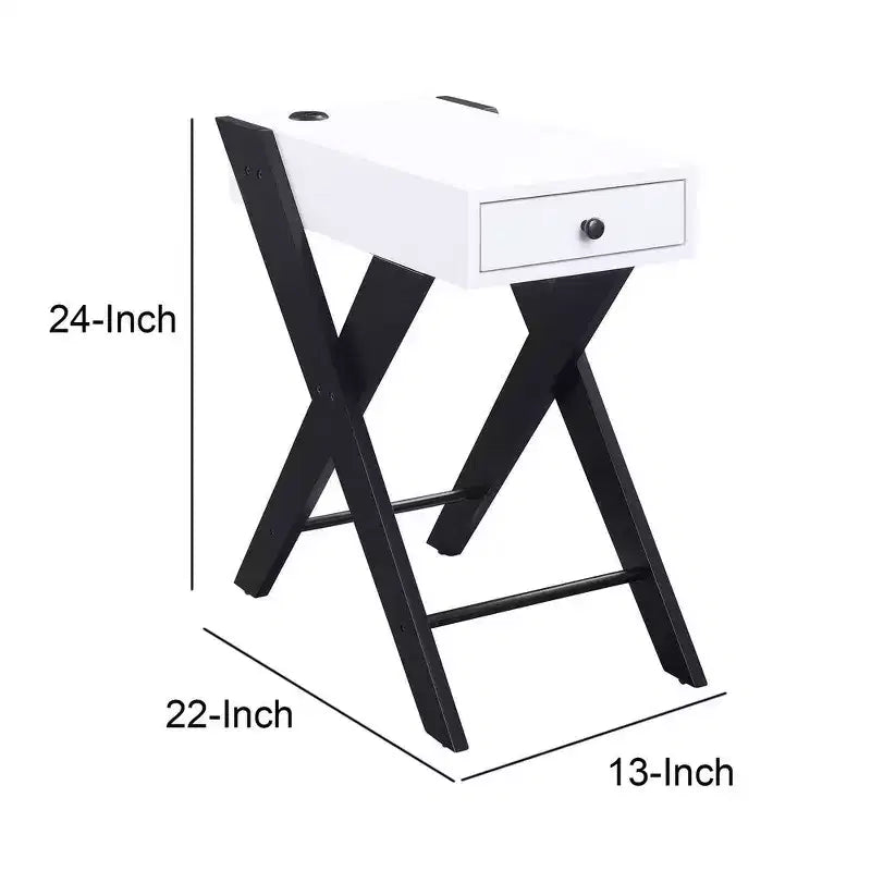 Frame Side Table with X Shaped Legs and 1 Drawer White and Black