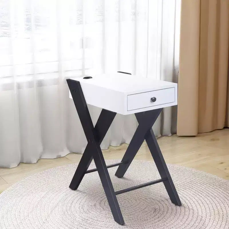 Frame Side Table with X Shaped Legs and 1 Drawer White and Black