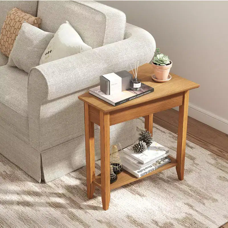 2-Tier End Table Irregular Narrow Sofa Side Nightstand with Storage Shelf Walnut
