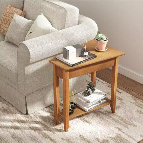 2-Tier End Table Irregular Narrow Sofa Side Nightstand with Storage Shelf Walnut
