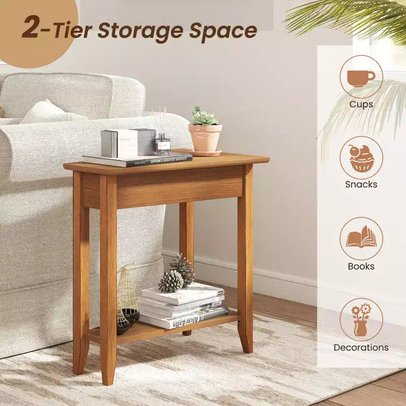 2-Tier End Table Irregular Narrow Sofa Side Nightstand with Storage Shelf Walnut