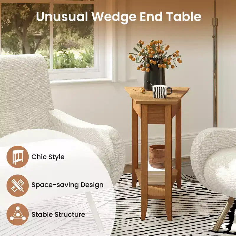 2-Tier End Table Irregular Narrow Sofa Side Nightstand with Storage Shelf Walnut