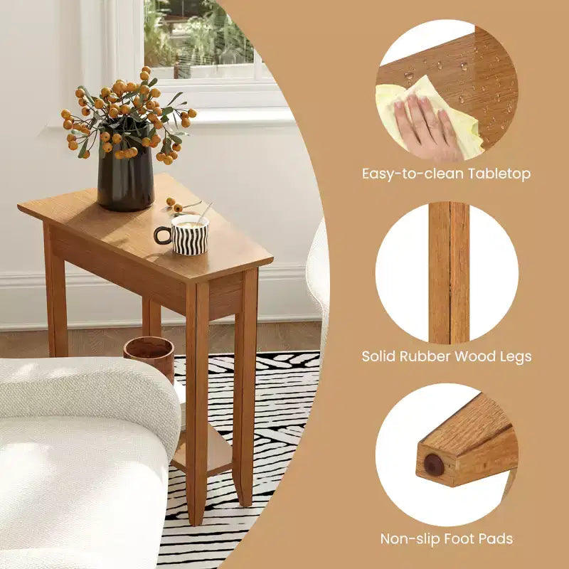 2-Tier End Table Irregular Narrow Sofa Side Nightstand with Storage Shelf Walnut