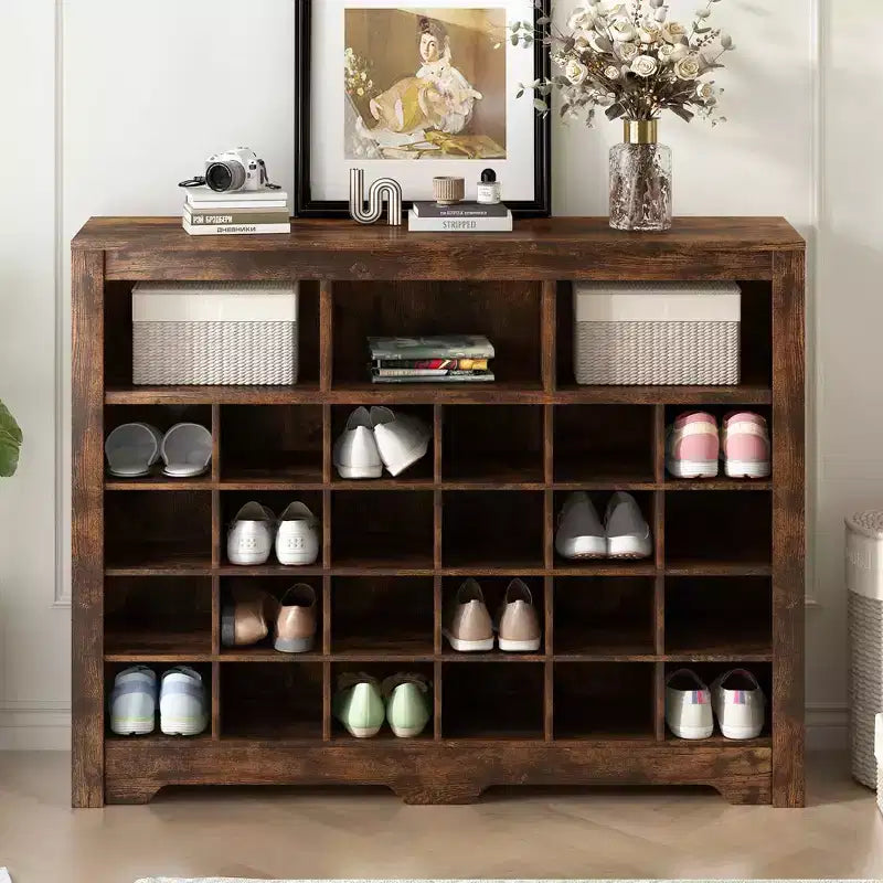 Sleek 24 Shoe Cubby Console Modern Shoe Cabinet Curved Base Versatile Sideboard Black
