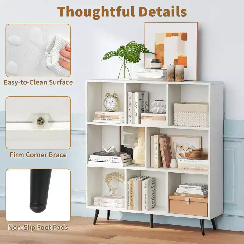 Libreria a 8 cubi a 3 ripiani, organizer moderno con 5 gambe in metallo
