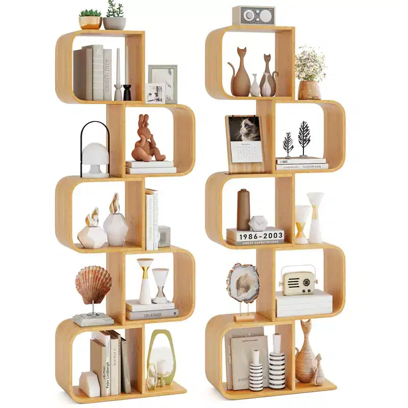 Costway 2PCS 5-Tier S-Shaped Bookcase w/ 5 Open Cubes Geometric Corner Display Shelf