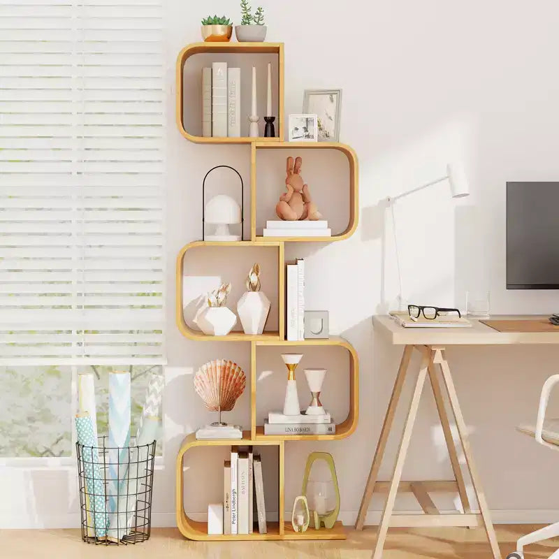 5-Tier S-Shaped Bookcase with 5 Open Cubes Geometric Corner Display Shelf (2-Piece)