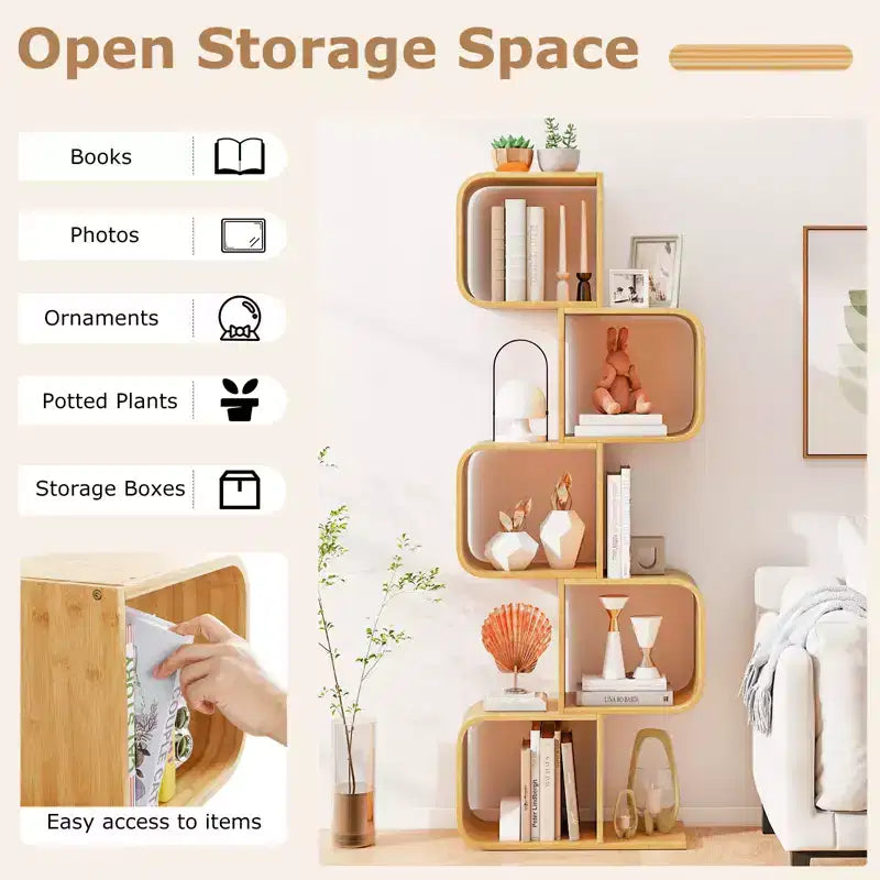 5-Tier S-Shaped Bookcase with 5 Open Cubes Geometric Corner Display Shelf (2-Piece)