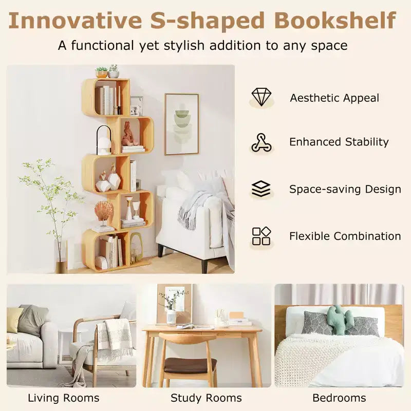 5-Tier S-Shaped Bookcase with 5 Open Cubes Geometric Corner Display Shelf (2-Piece)