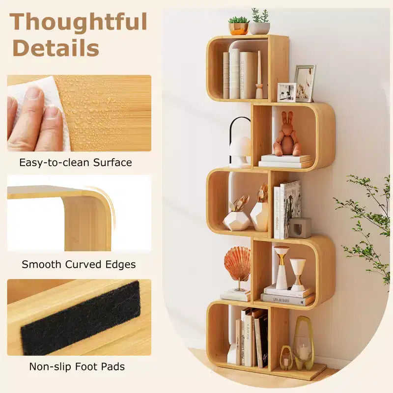 5-Tier S-Shaped Bookcase with 5 Open Cubes Geometric Corner Display Shelf (2-Piece)