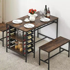 Dining Table Set for 4, Kitchen Table with 2 Benches, Wine Rack and Storage Shelf, Rectangular Dining Room Table Set, 3 Piece Dining Table Set