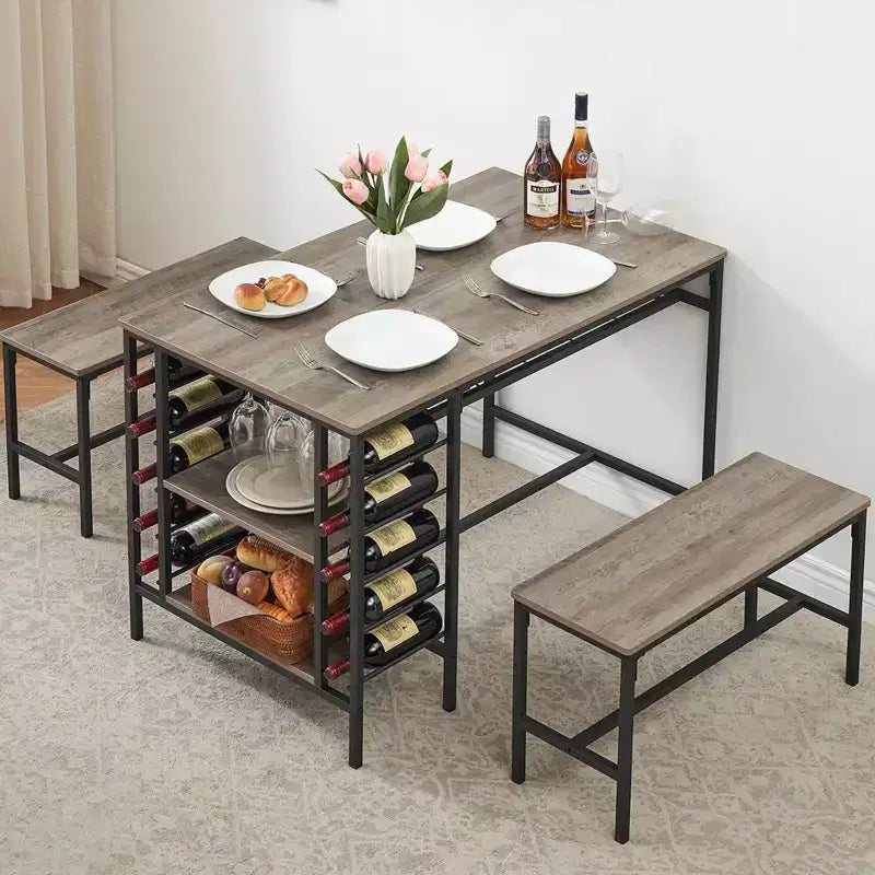 Set da tavolo da pranzo per 4, tavolo da cucina con 2 panche, portabottiglie e ripiano portaoggetti, set da tavolo da pranzo rettangolare, set da tavolo da pranzo da 3 pezzi