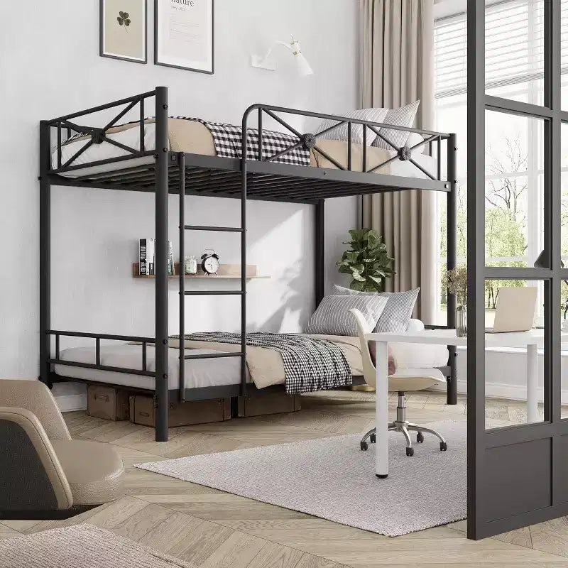 Metal Bunk Bed Twin Over Twin, Industrial Bunkbeds Heavy Duty Bed with Safety Guard Rails & Space-Saving Design, Steel Bed for School, Bedroom