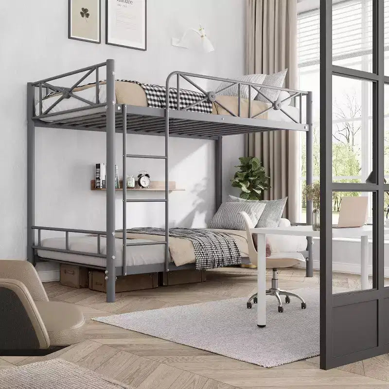 Metal Bunk Bed Twin Over Twin, Industrial Bunkbeds Heavy Duty Bed with Safety Guard Rails & Space-Saving Design, Steel Bed for School, Bedroom
