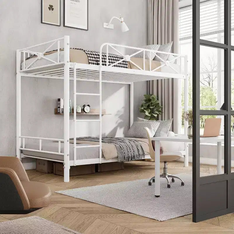 Metal Bunk Bed Twin Over Twin, Industrial Bunkbeds Heavy Duty Bed with Safety Guard Rails & Space-Saving Design, Steel Bed for School, Bedroom