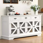 Mobile credenza da 63 pollici con contenitore, mobile contenitore da cucina in legno con stazione di ricarica, 3 cassetti, 4 ante e ripiani regolabili per sala da pranzo