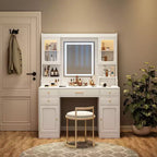 Okak Large Vanity Table with 6 Drawers and Shelves, Makeup Vanity with Large Mirror, Corner Vanity for Dressing Room, Bedroom, White