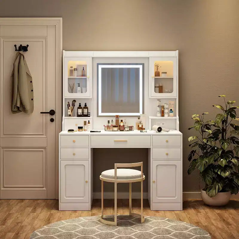 Okak Large Vanity Table with 6 Drawers and Shelves, Makeup Vanity with Large Mirror, Corner Vanity for Dressing Room, Bedroom, White