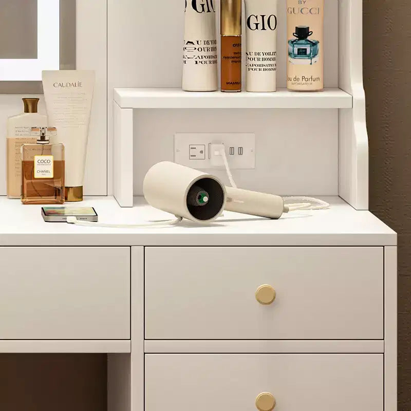 Grande toeletta con 6 cassetti e mensole, toeletta per trucco con specchio grande, toeletta ad angolo per spogliatoio, camera da letto, bianca