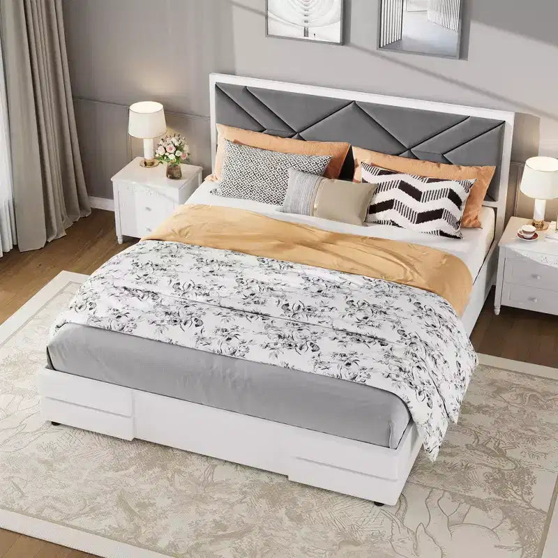 Upholstered Bed Frame,Wooden Bed Frame with Fabric Upholstered Headboard,No Box Spring Needed,Strong Wooden Slats,Easy Assembly,White
