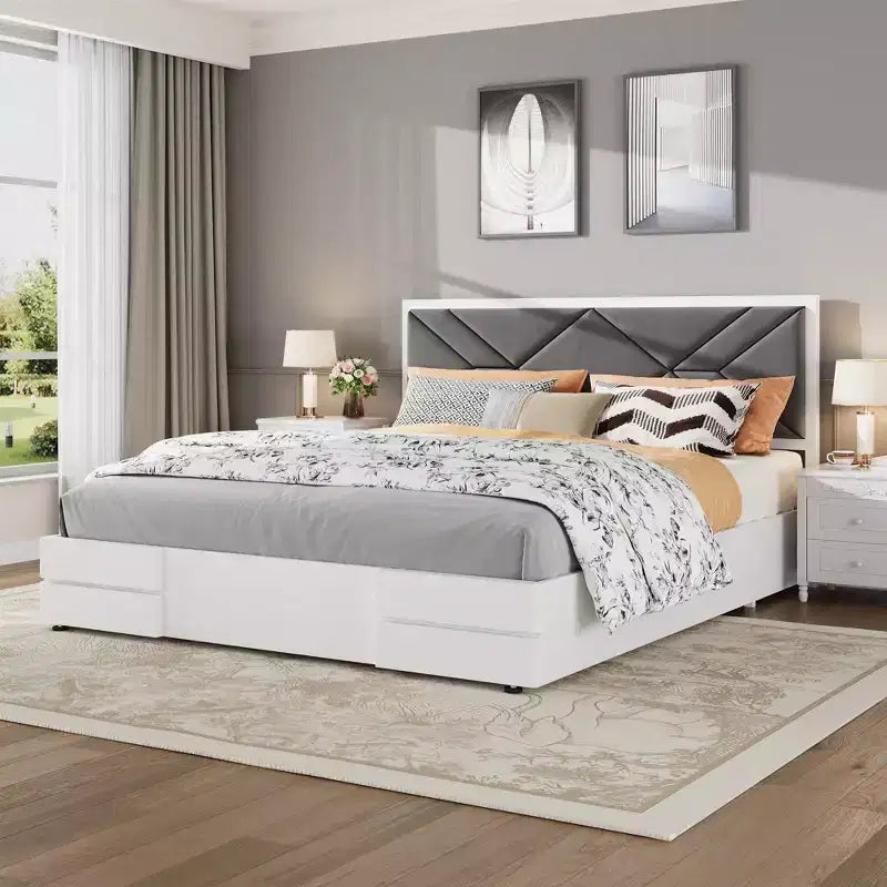 Struttura letto imbottita, Struttura letto in legno con testiera imbottita in tessuto, Nessuna rete a molle necessaria, Robuste doghe in legno, Facile da montare, Bianco