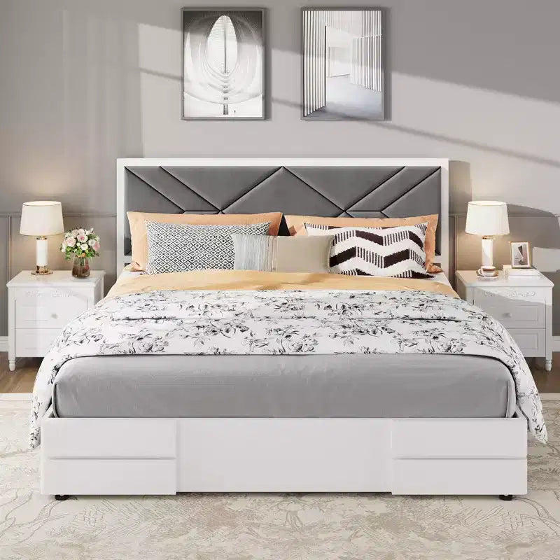 Struttura letto imbottita, Struttura letto in legno con testiera imbottita in tessuto, Nessuna rete a molle necessaria, Robuste doghe in legno, Facile da montare, Bianco