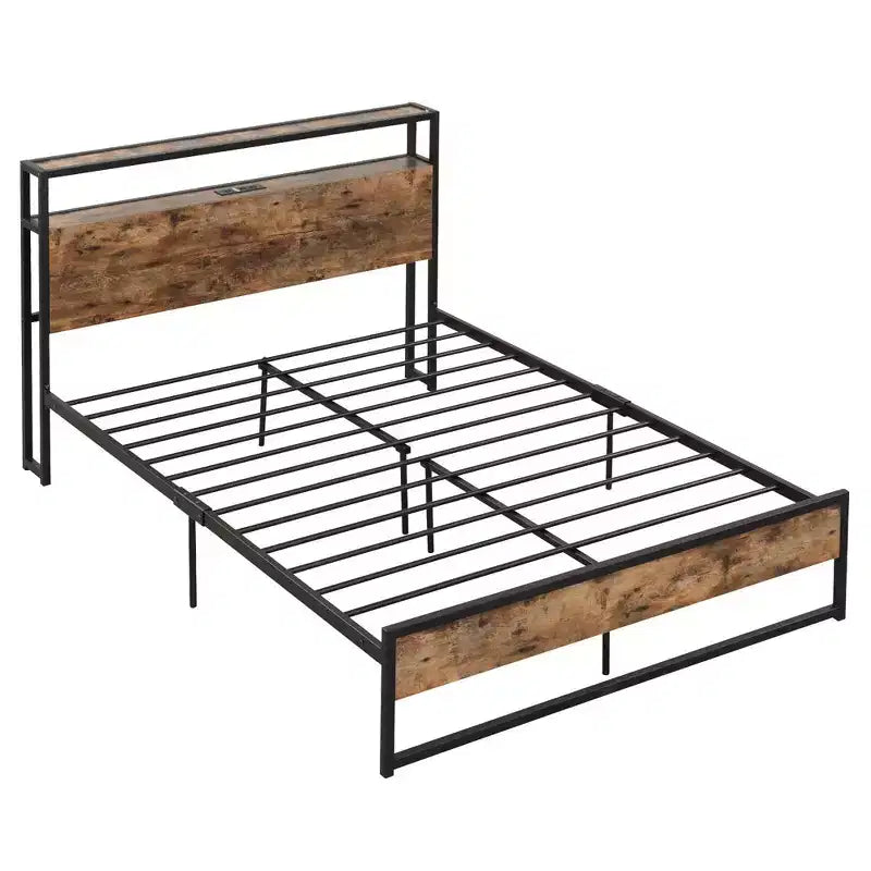 Costway Full Size Industrial Platform Bed Frame with Charging Station Storage Headboard