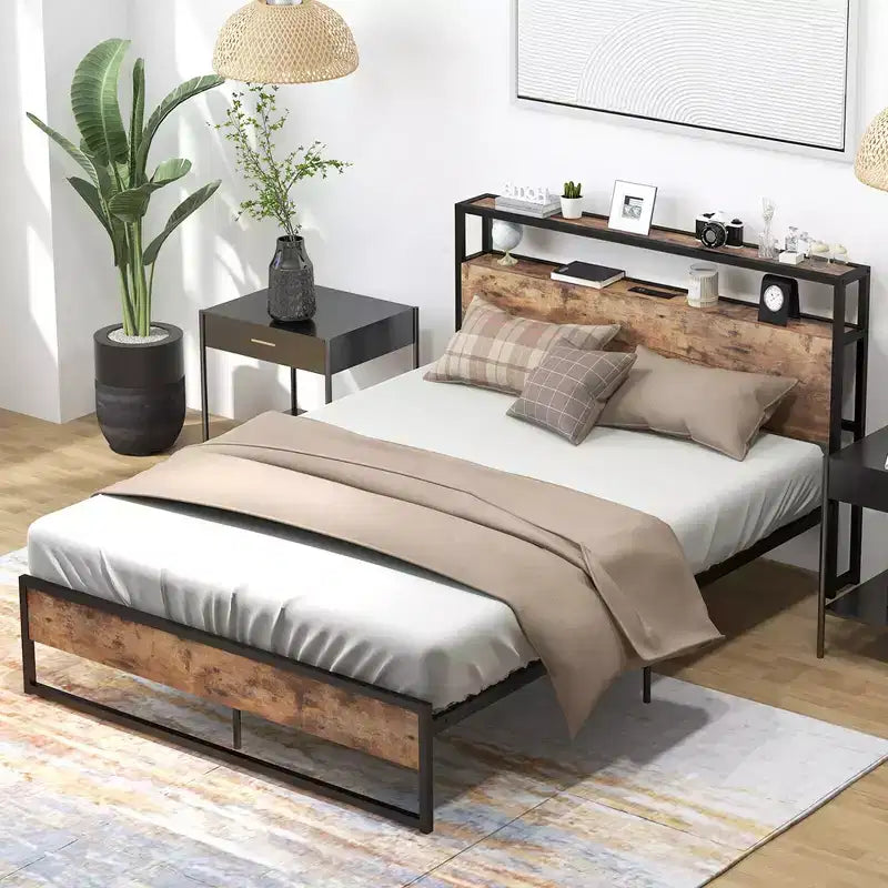 Full Size Platform Bed Frame with Charging Station Storage Headboard