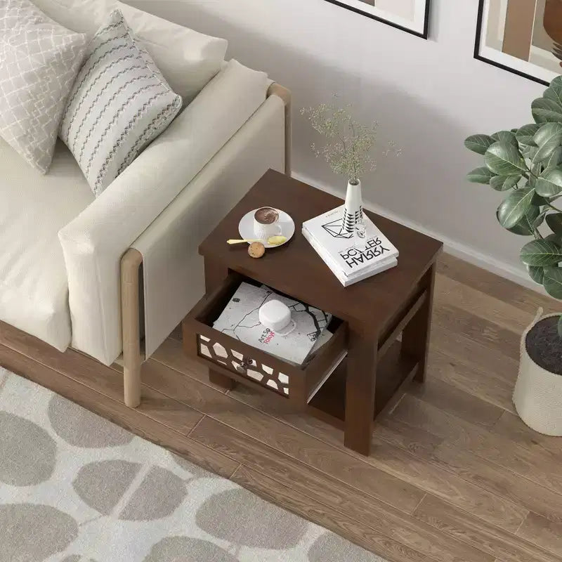 Tavolino comodino da salotto, con cassetto, per soggiorno o camera da letto, stile rustico