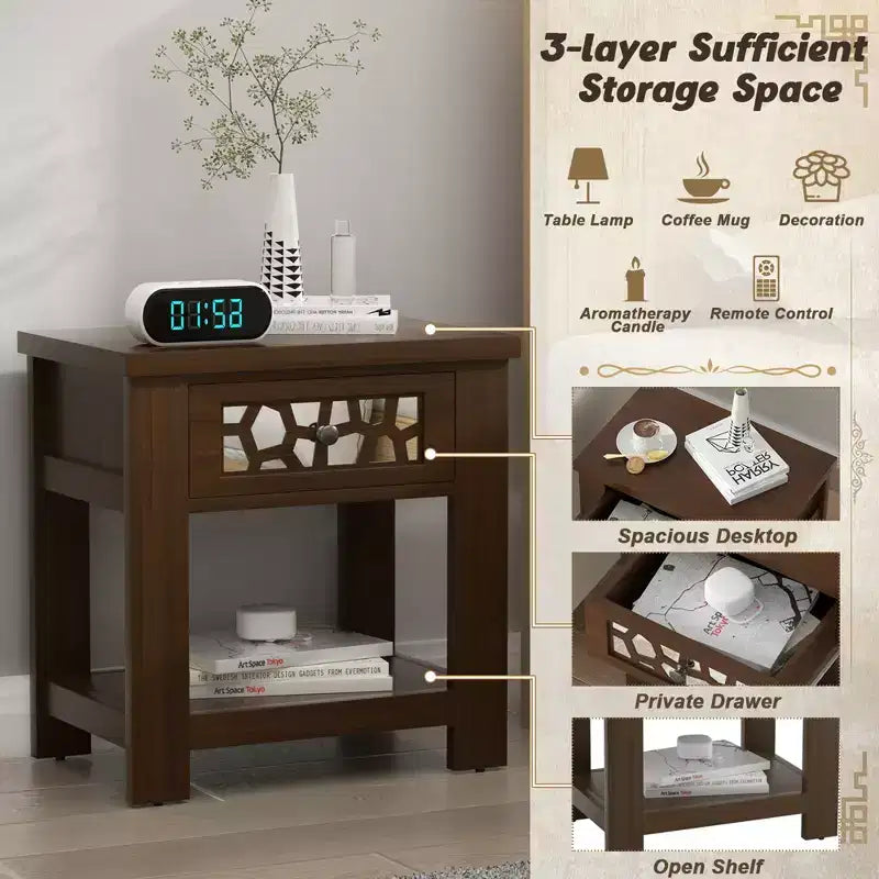 Tavolino comodino da salotto, con cassetto, per soggiorno o camera da letto, stile rustico
