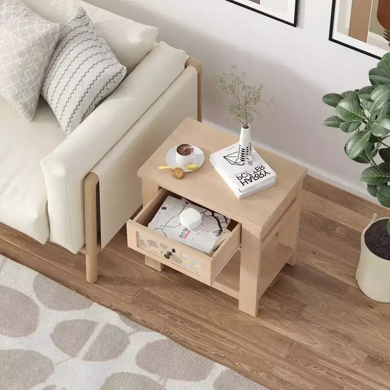 Tavolino comodino da salotto, con cassetto, per soggiorno o camera da letto, stile rustico