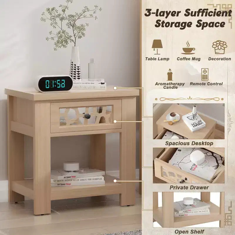 Tavolino comodino da salotto, con cassetto, per soggiorno o camera da letto, stile rustico