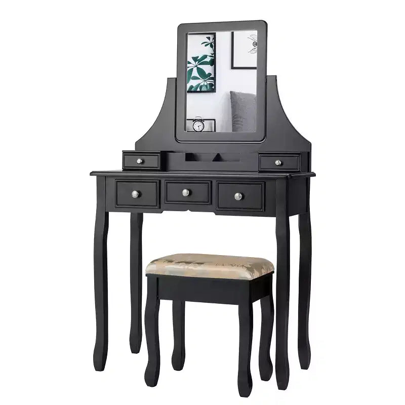 Costway Rotatable Mirror Vanity Set Makeup Dressing Table and Stool w/ 5 Drawers