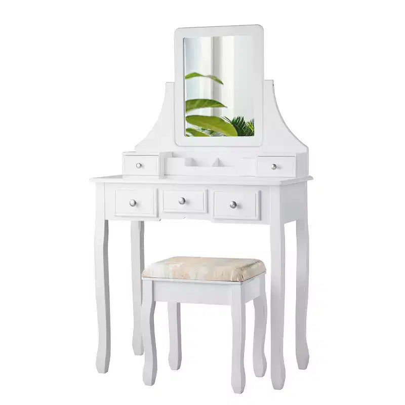 Rotatable Mirror Vanity Makeup Dressing Table and Stool with 5 Drawers