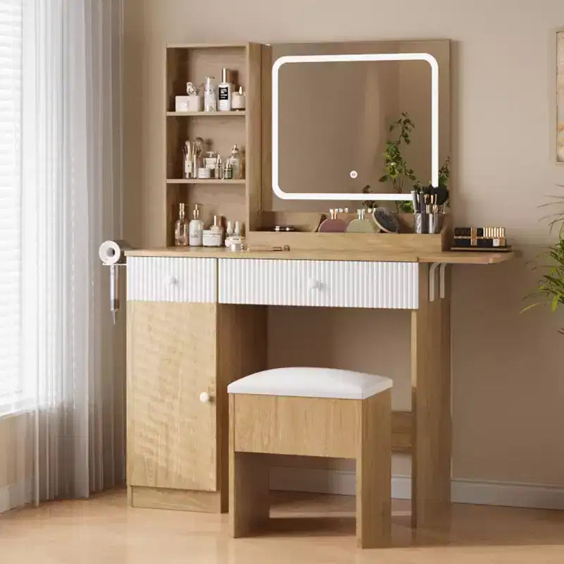 Vanity Desk with Mirror and Lights, Charging Station, Dressing Table Set with Storage Chair, Drawer Shelves, for Bedroom