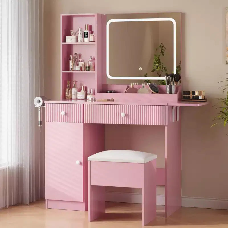 Vanity Desk with Mirror and Lights, Charging Station, Dressing Table Set with Storage Chair, Drawer Shelves, for Bedroom