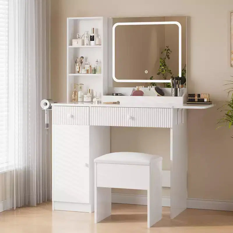Vanity Desk with Mirror and Lights, Charging Station, Dressing Table Set with Storage Chair, Drawer Shelves, for Bedroom