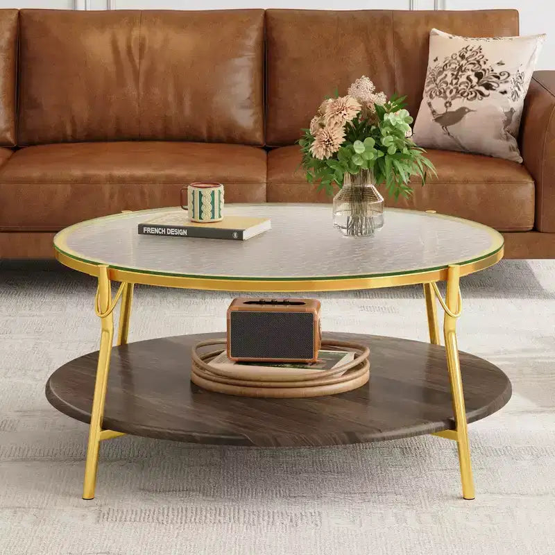 Modern Round Walnut 2-Tiered Coffee Table with Glass Top and Gold Base for Living Room, 29.9