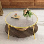 Modern Round Walnut 2-Tiered Coffee Table with Glass Top and Gold Base for Living Room, 29.9