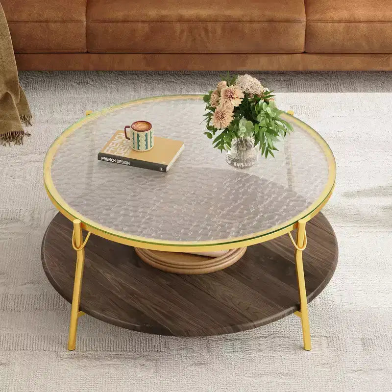 Modern Round Walnut 2-Tiered Coffee Table with Glass Top and Gold Base for Living Room, 29.9